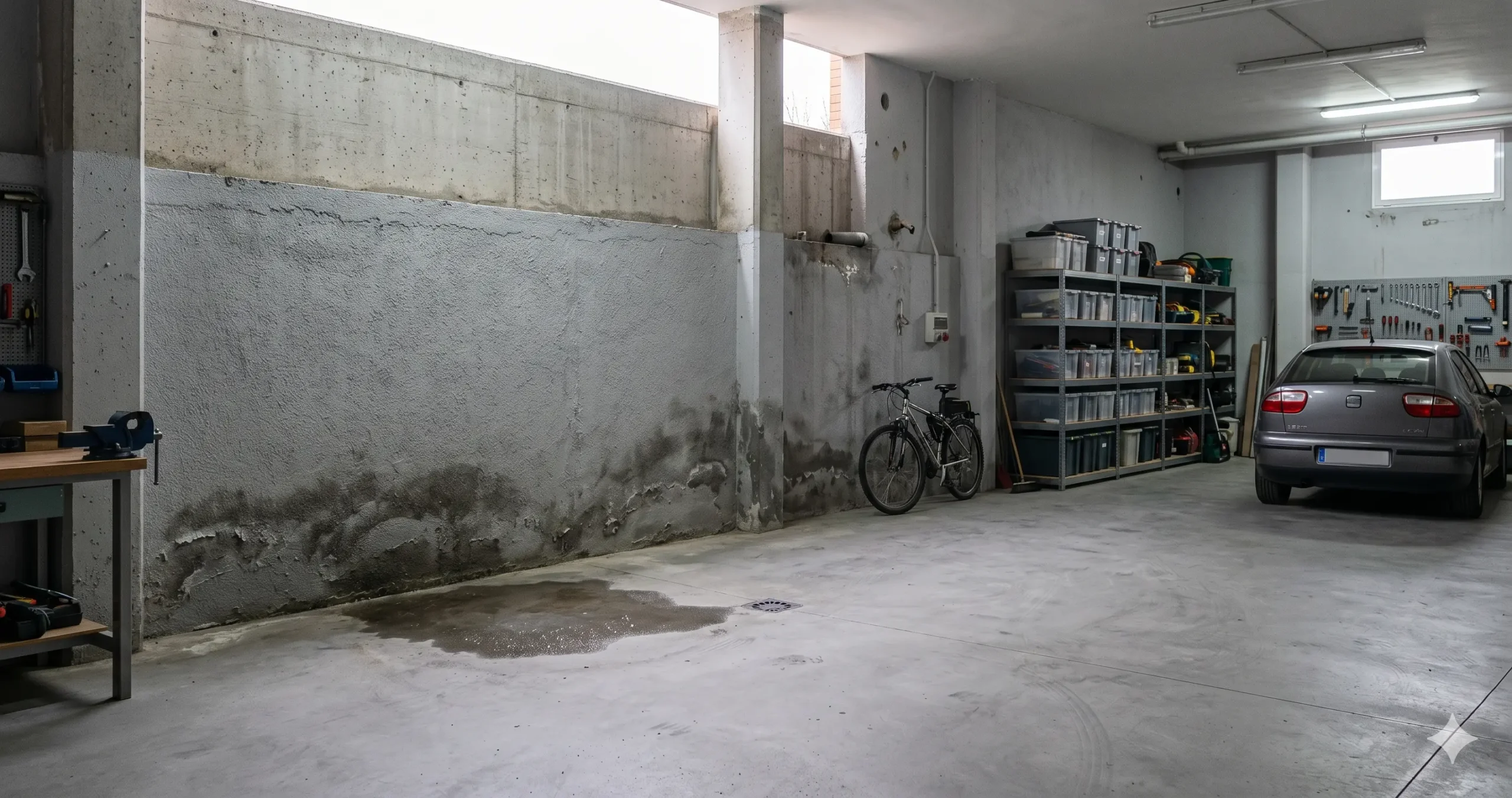 filtración de agua en sótano con muro húmedo