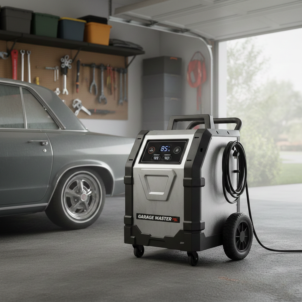 Garaje con deshumidificador trabajando y coche aparcado