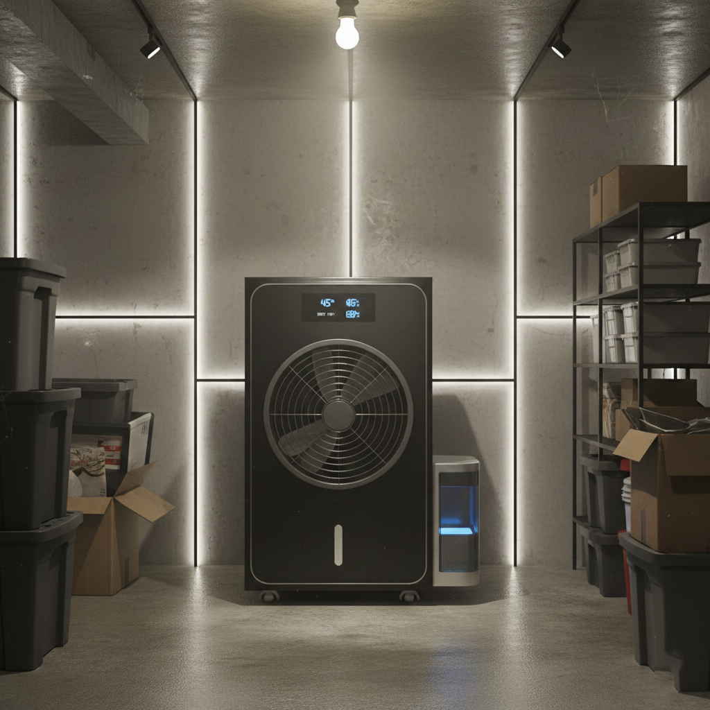 Sótano con deshumidificador funcionando para eliminar humedad