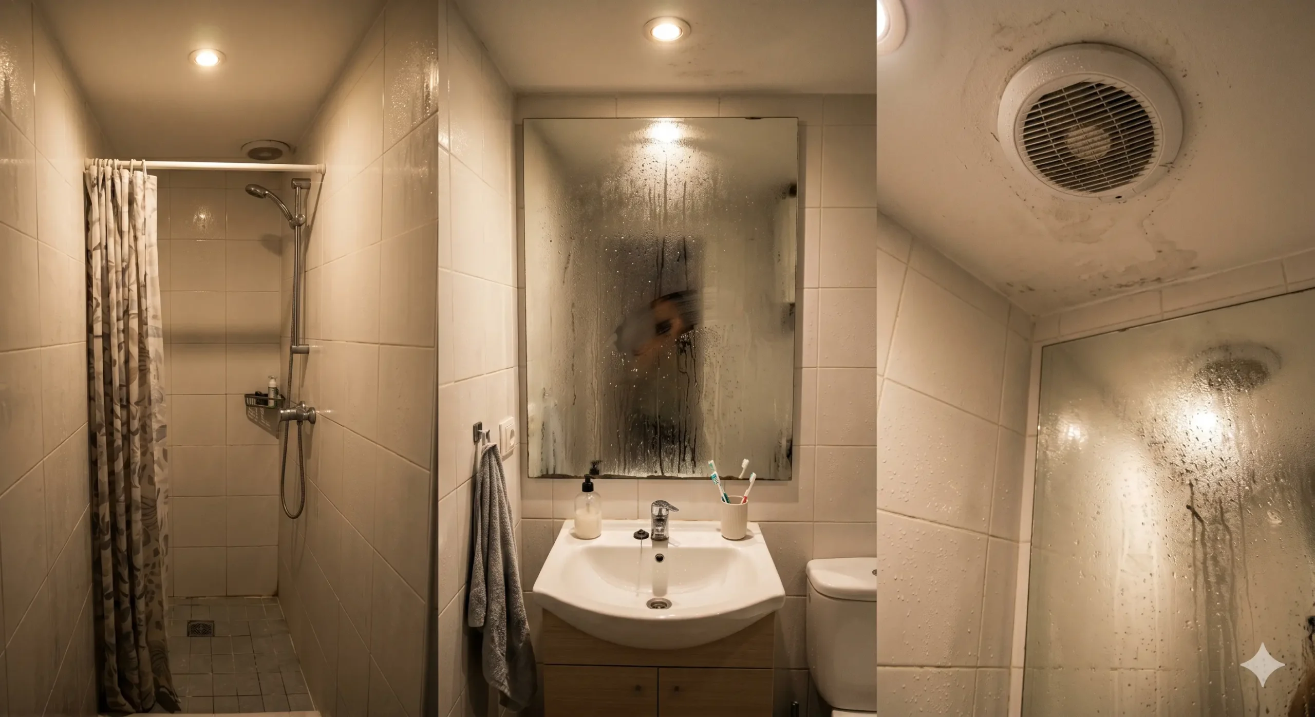 baño sin ventana con humedad y espejo empañado