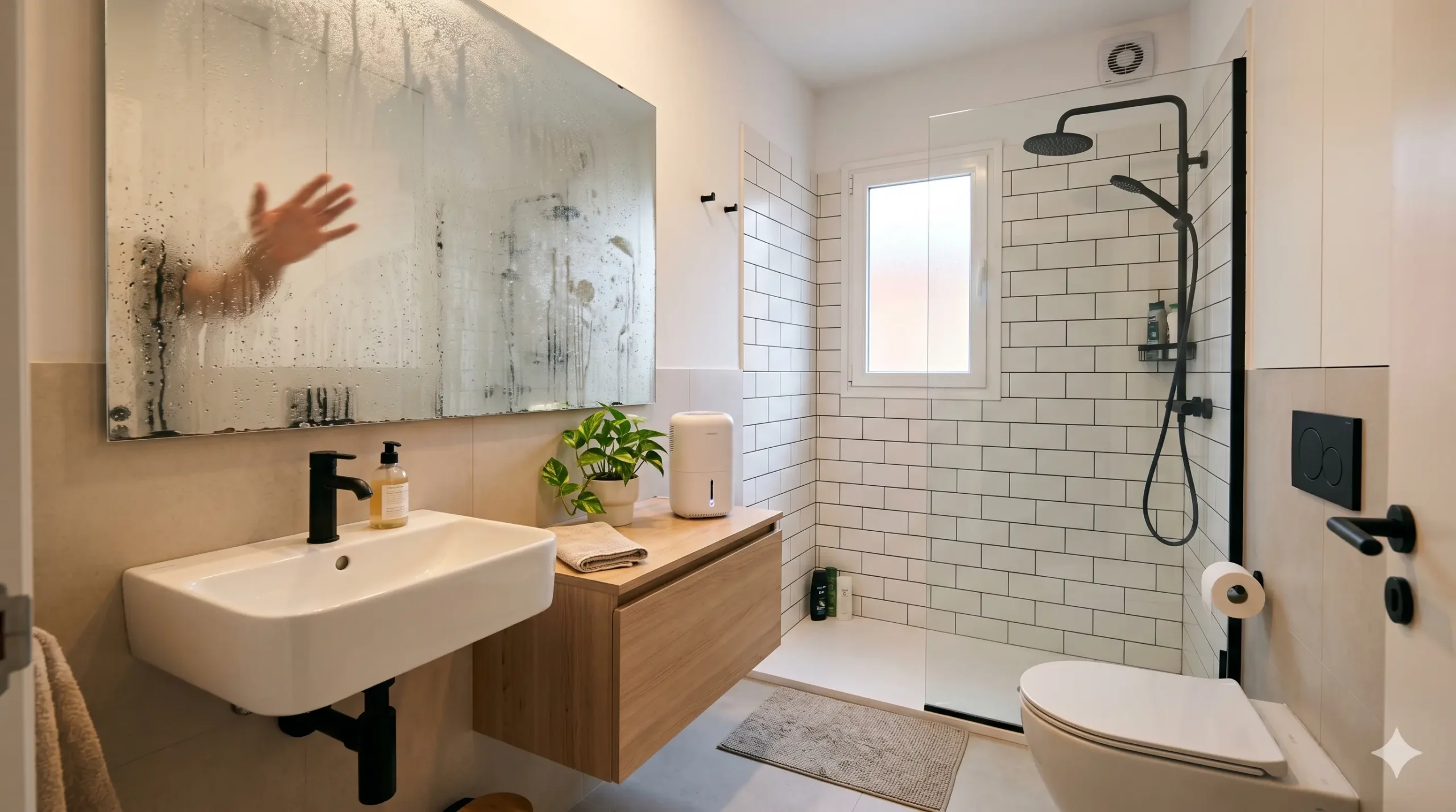 humedad en baño pequeño con vapor y espejo empañado