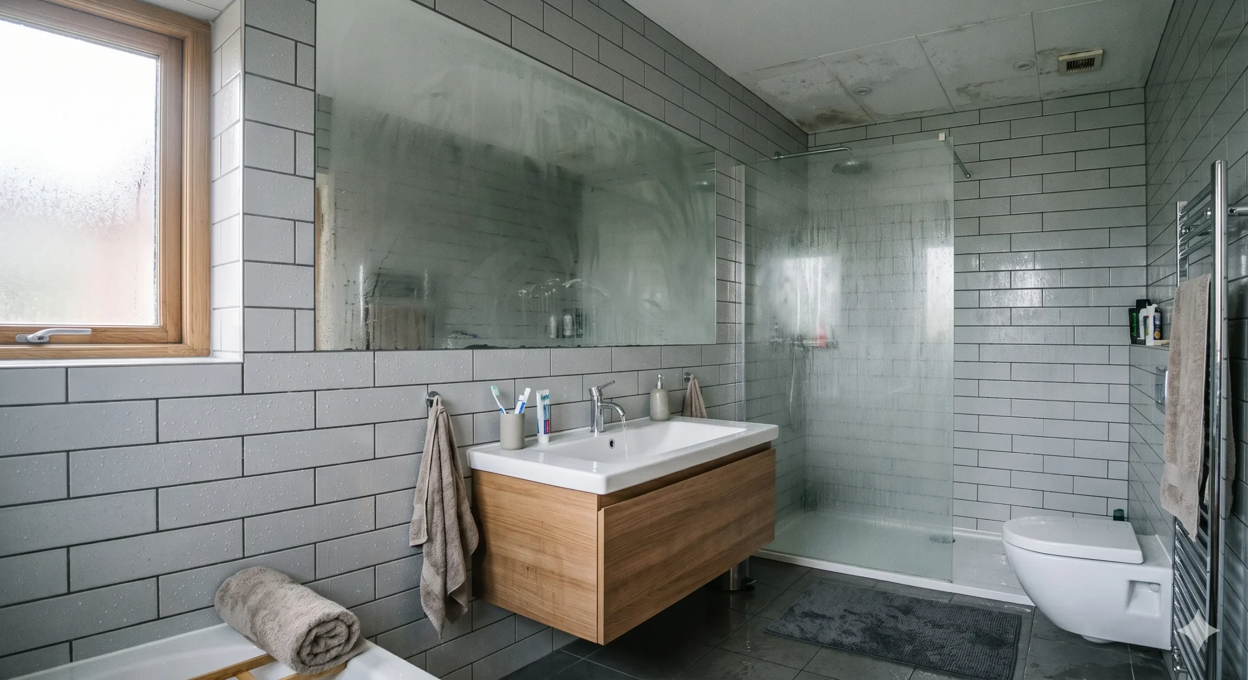 humedad en el baño con condensación en espejo y azulejos