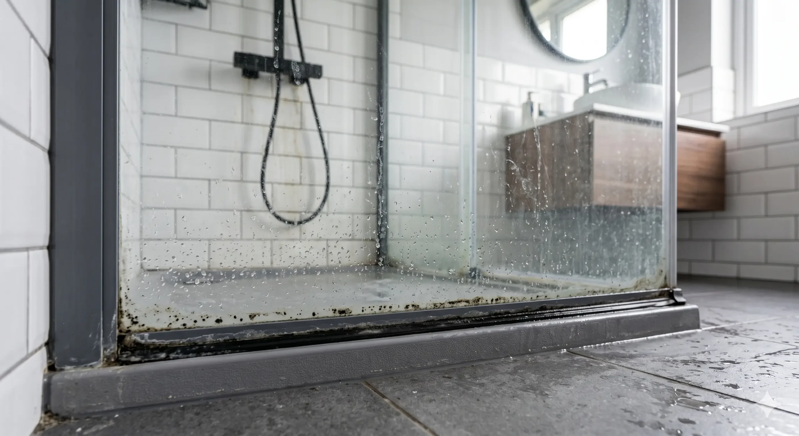 humedad en mampara de ducha con gotas y moho en gomas
