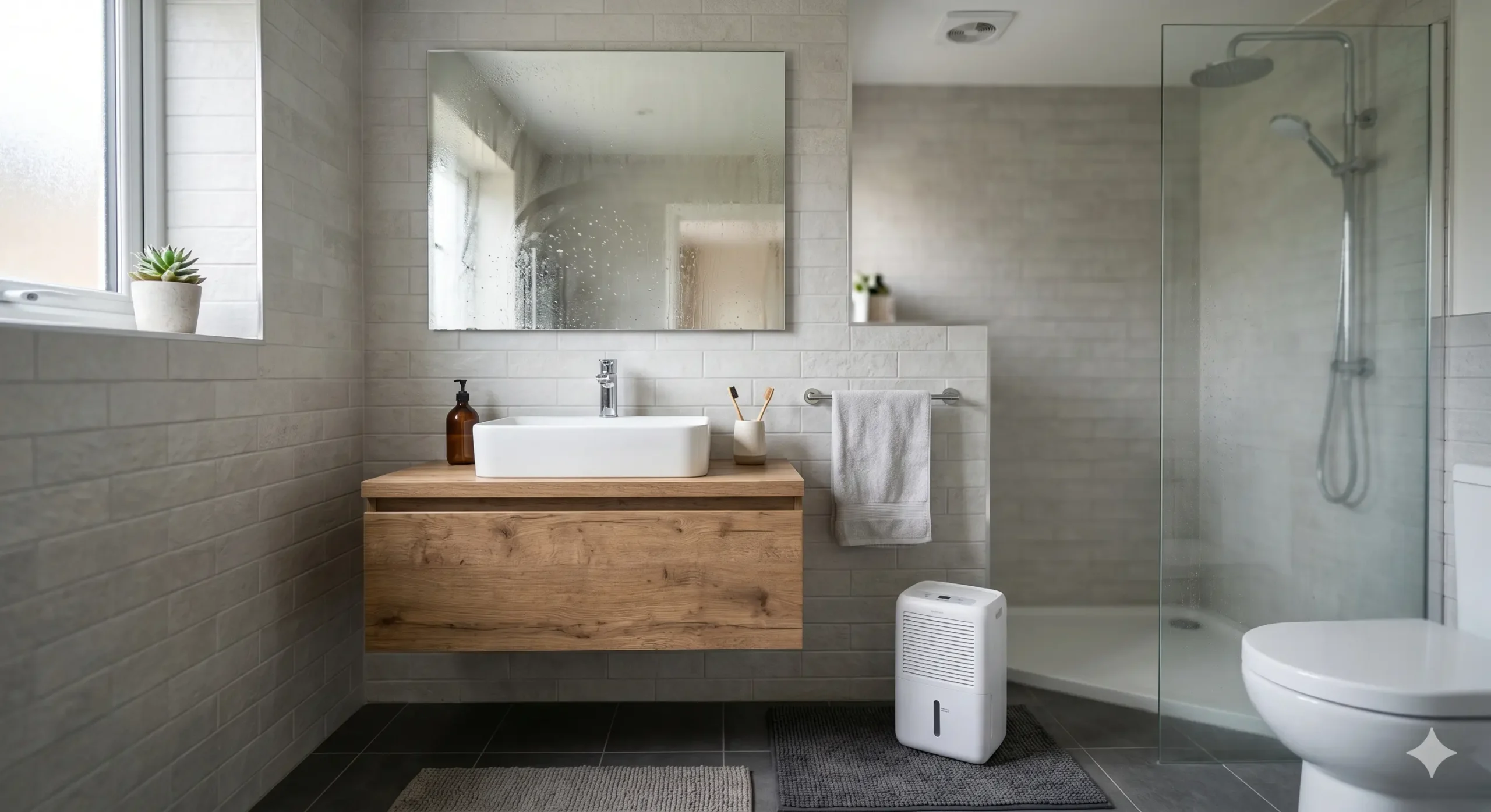 Mini deshumidificador en un baño pequeño