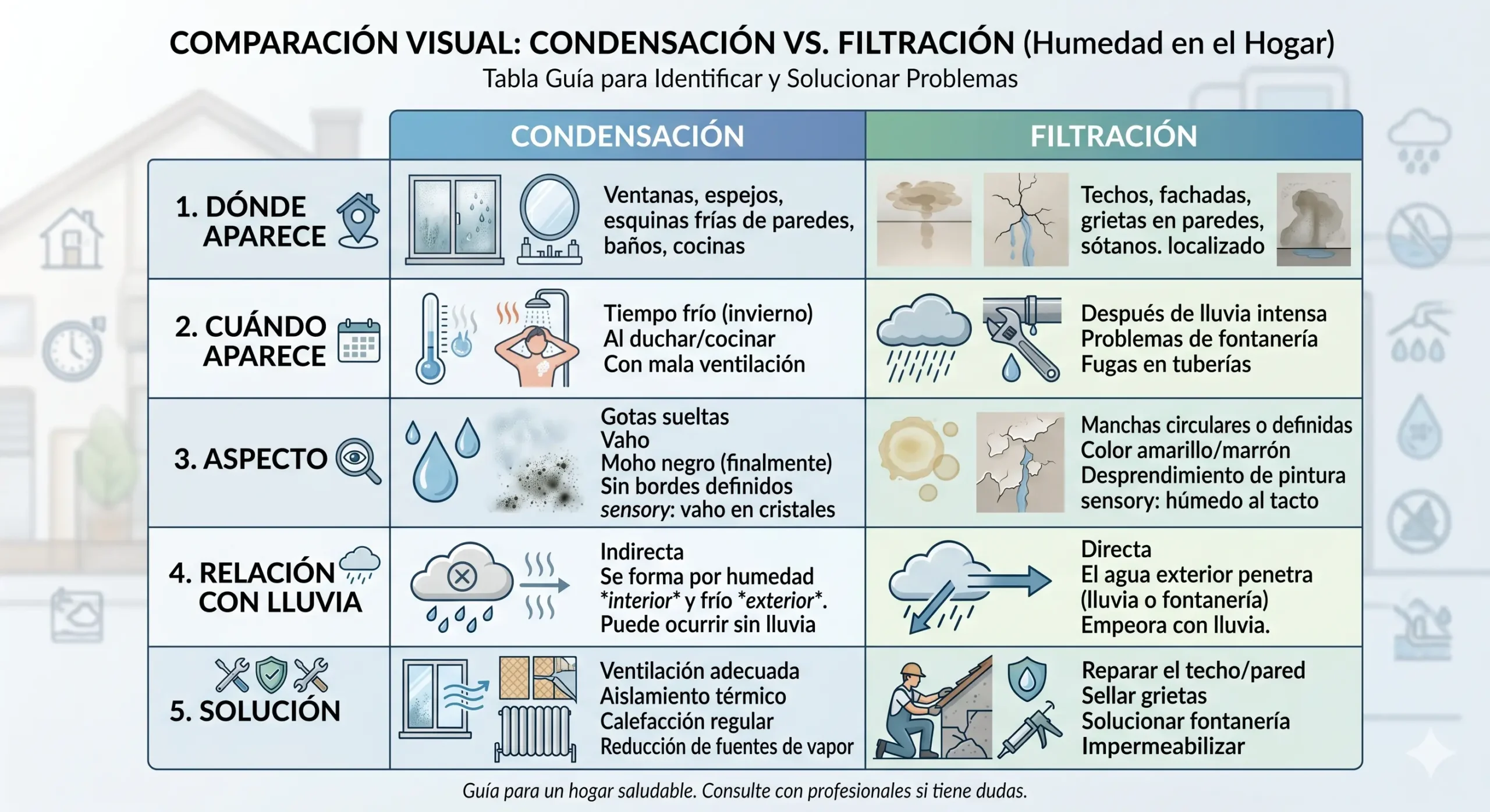tabla para diferenciar condensación por puente térmico y filtración