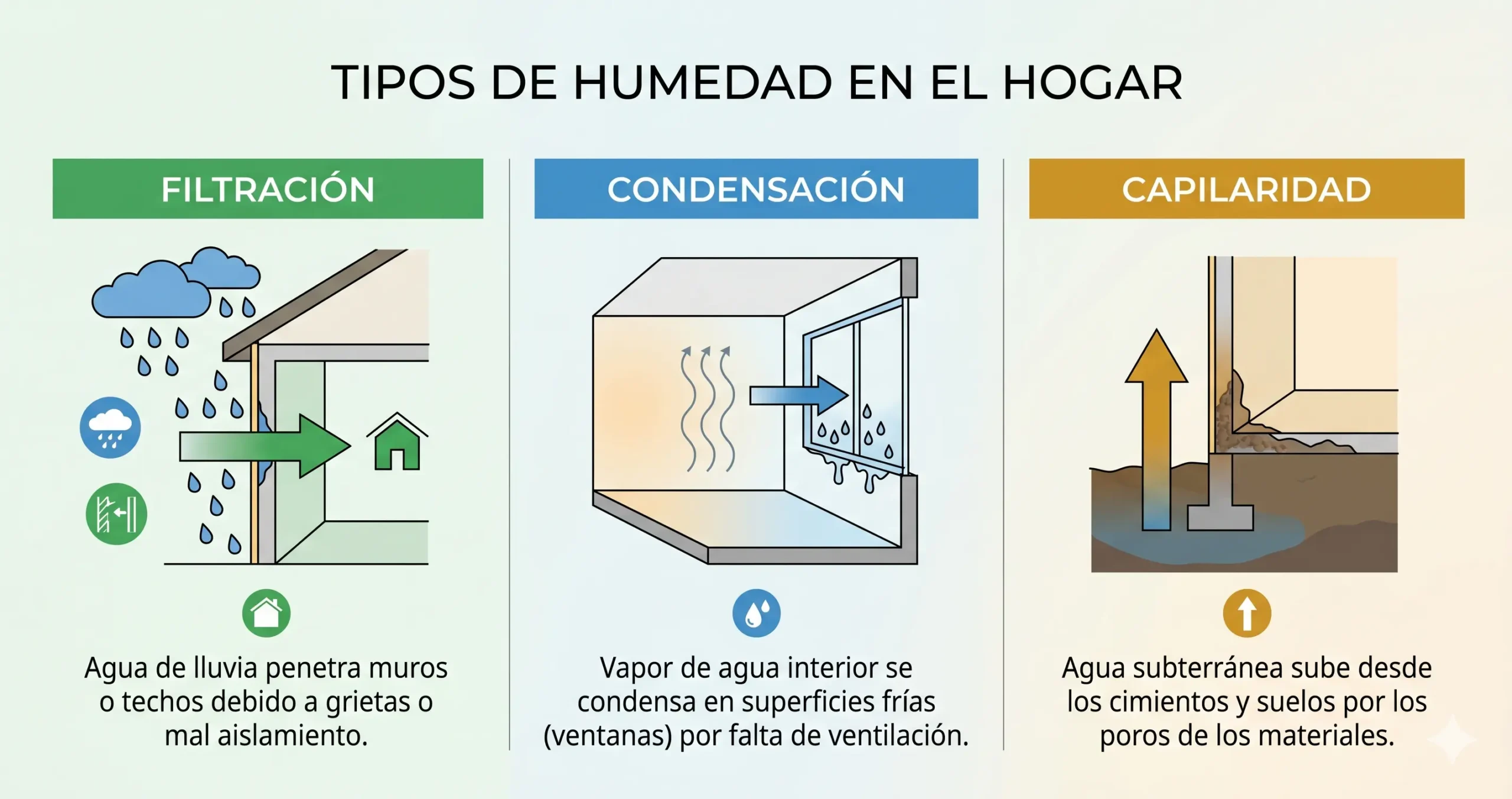 infografía comparativa de humedad por filtración condensación y capilaridad