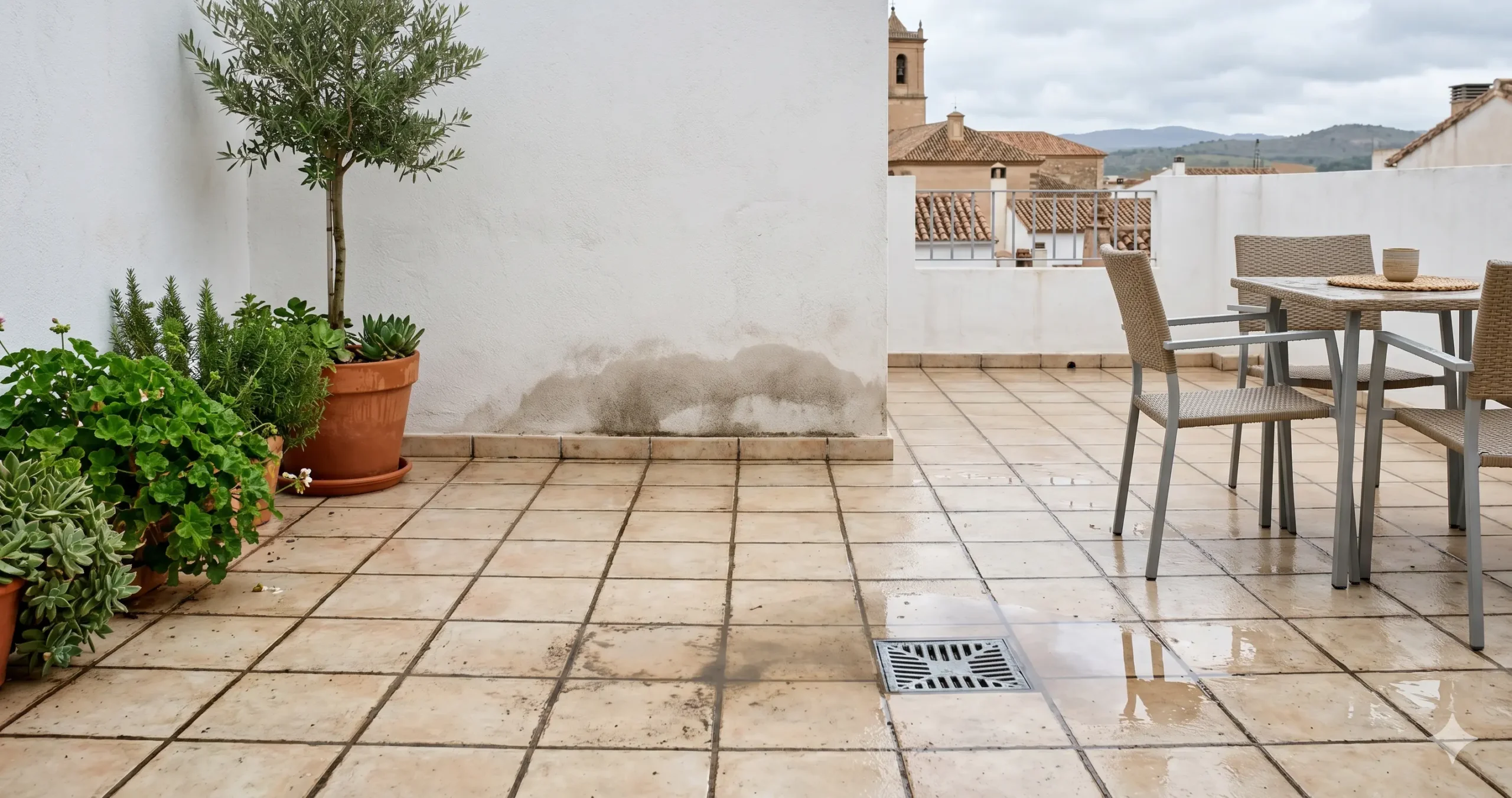 filtración en terraza con humedad por lluvia e impermeabilización dañada
