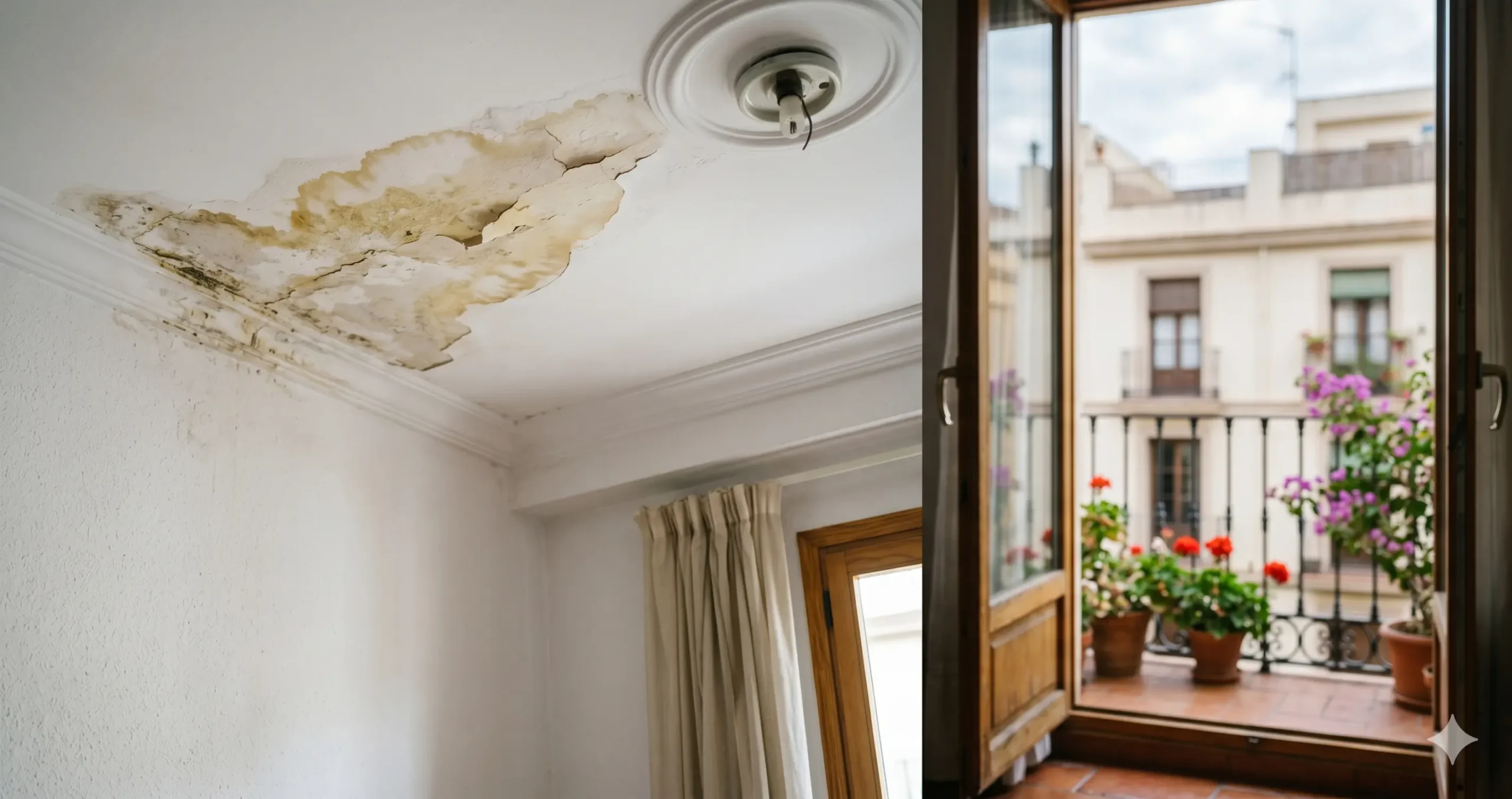 filtración desde la terraza del vecino con humedad en el techo de la vivienda inferior