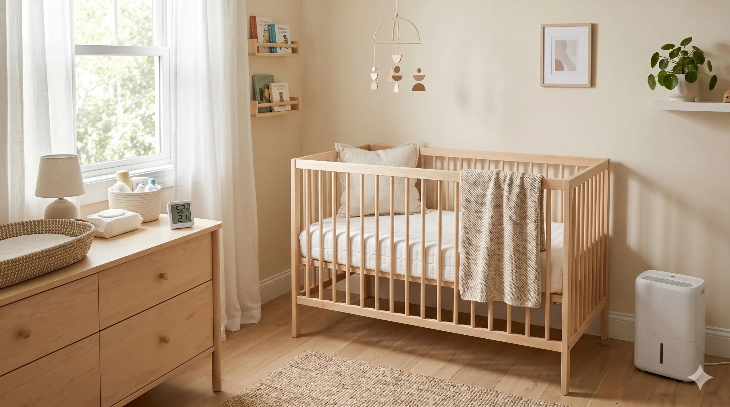 habitación de bebé con higrómetro y deshumidificador silencioso