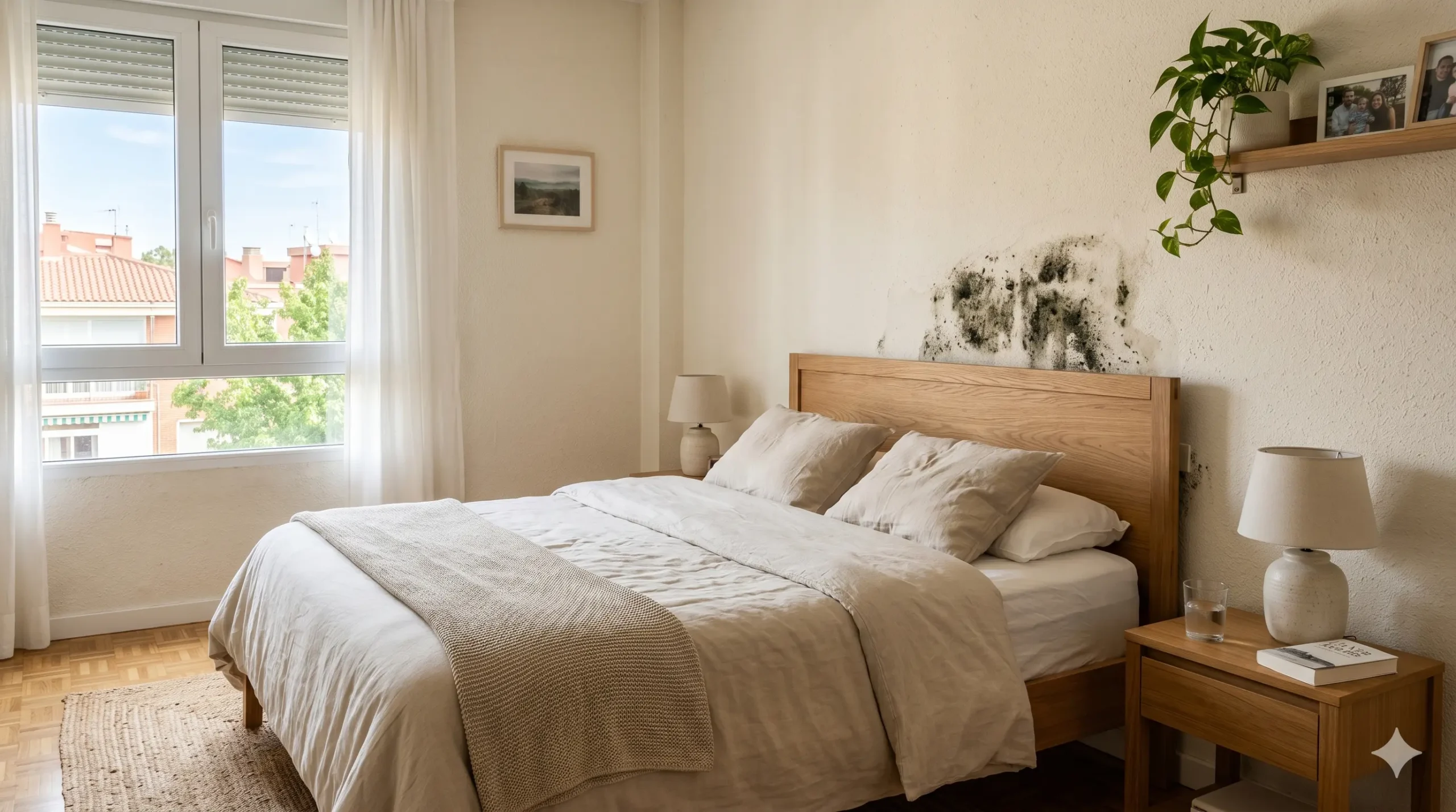 mancha de humedad en pared del dormitorio detrás del cabecero