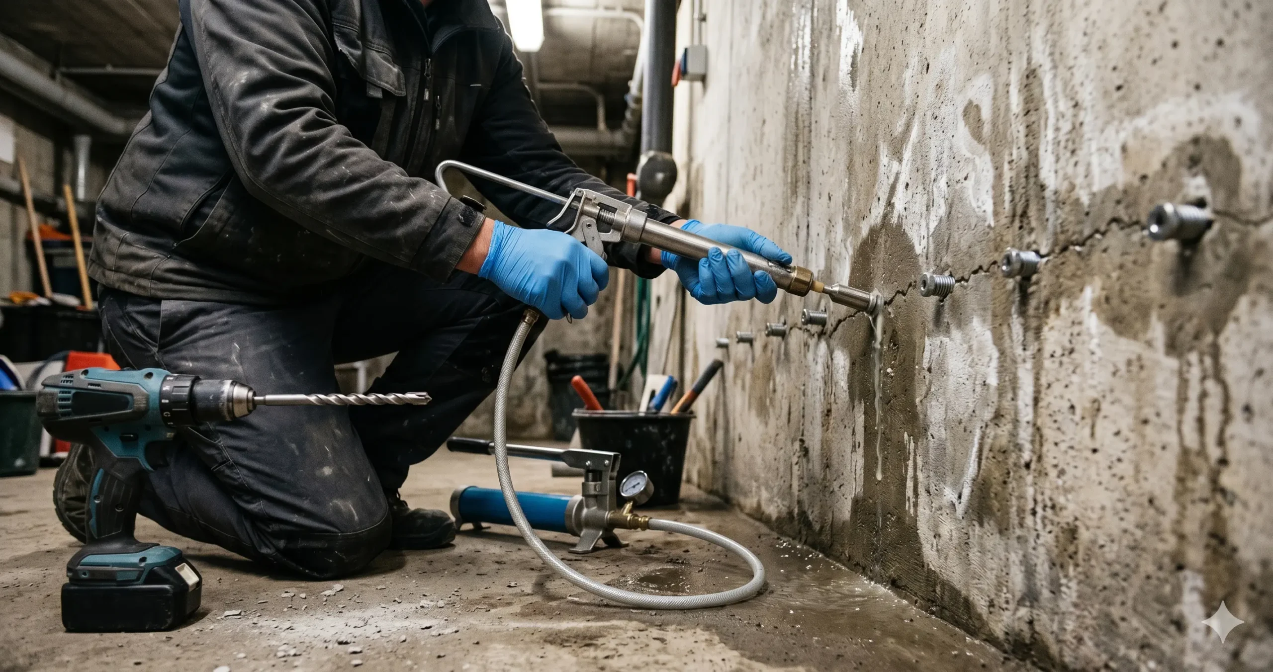 inyección de resinas para filtración en muro con humedad activa