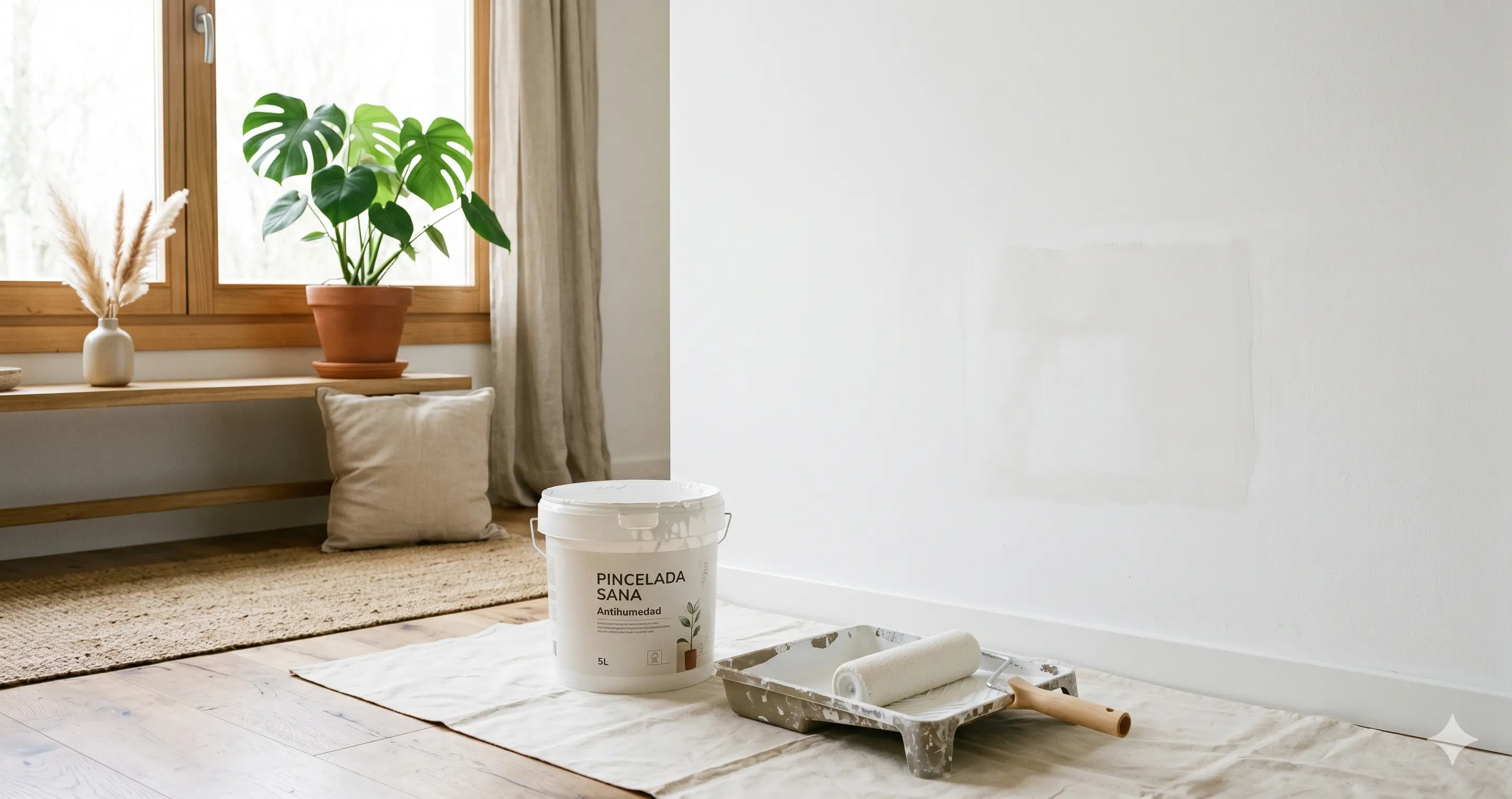 pintura antimoho para paredes interiores con rodillo y cubo de pintura blanca