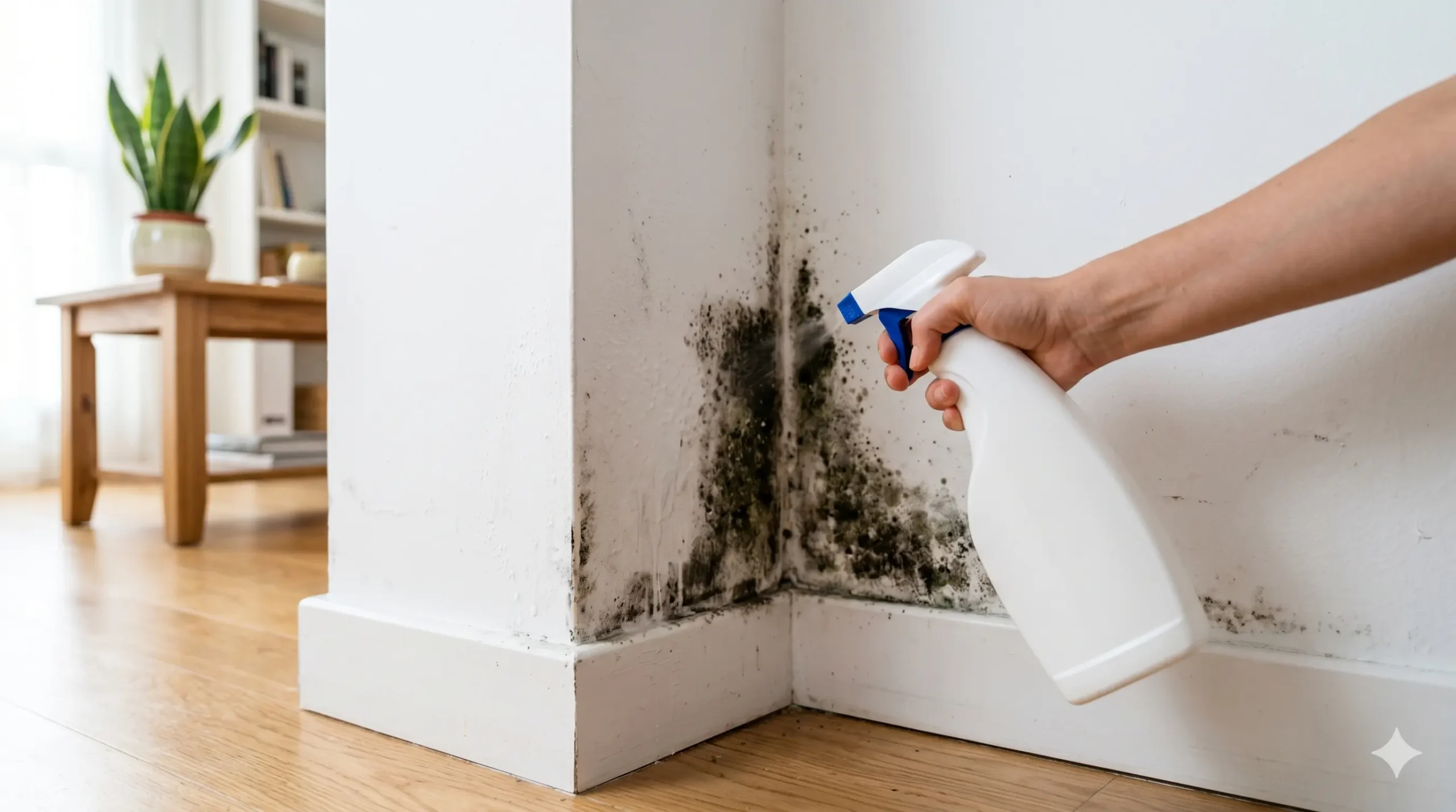 spray antimoho aplicado en pared con manchas de moho