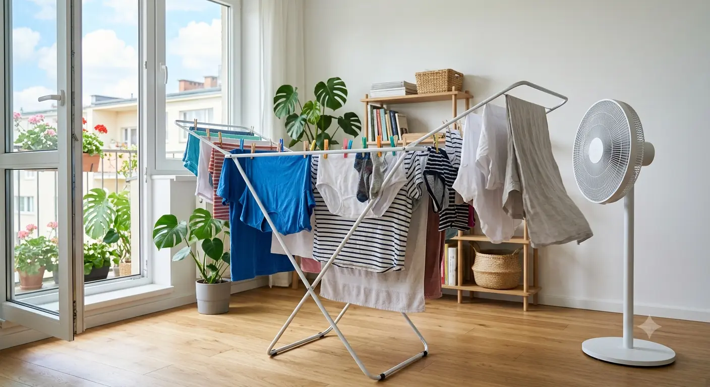 Ropa separada en un tendedero interior junto a una ventana y un ventilador