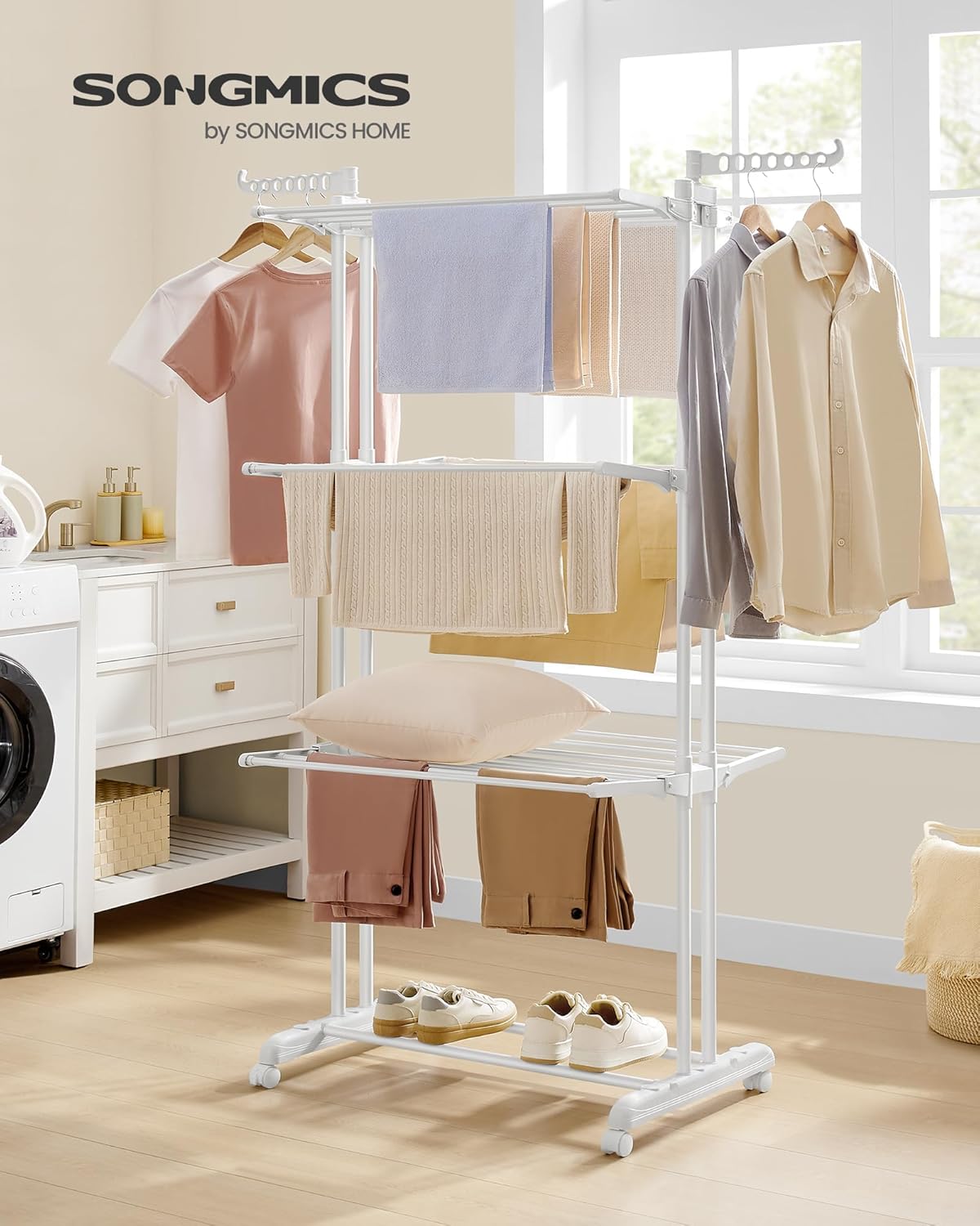 SONGMICS tendedero vertical plegable de cuatro niveles con ruedas