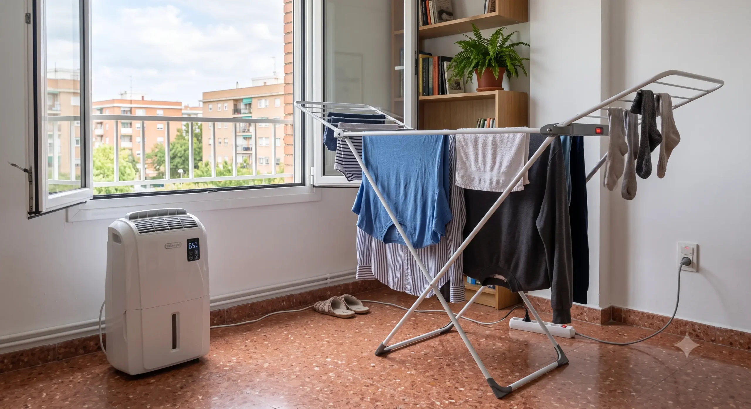 Tendedero eléctrico con ropa secándose en una habitación ventilada