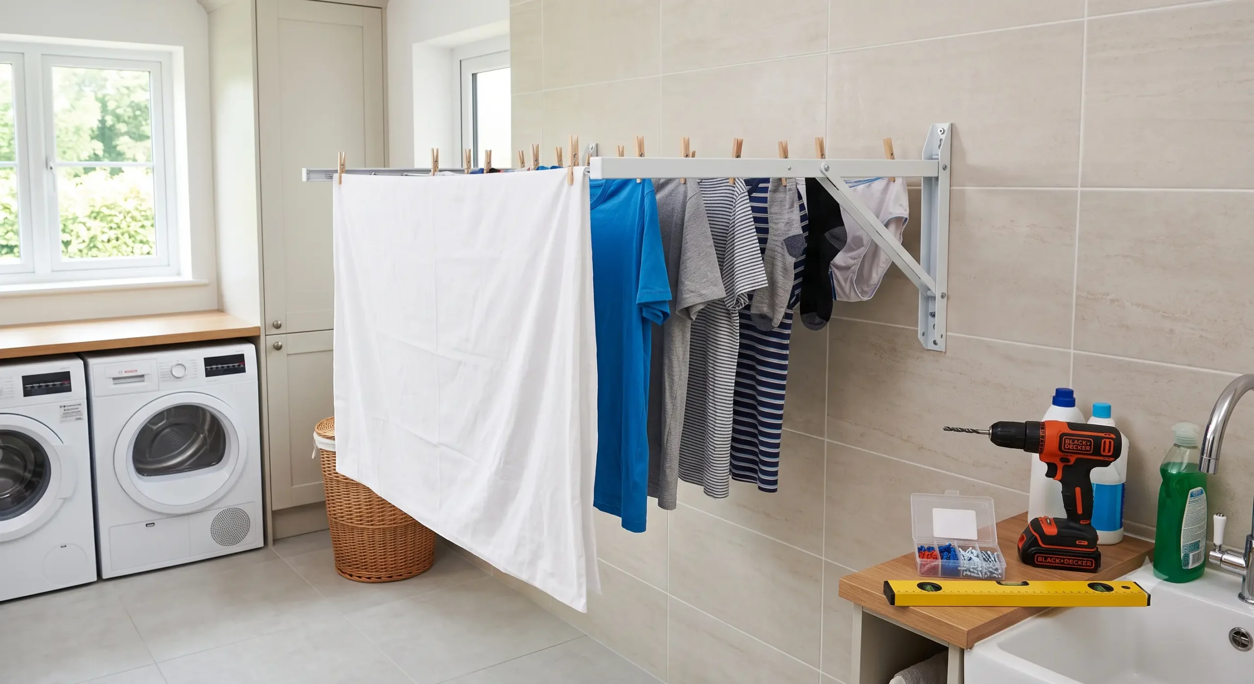 Tendedero plegable de pared instalado de forma segura en un lavadero