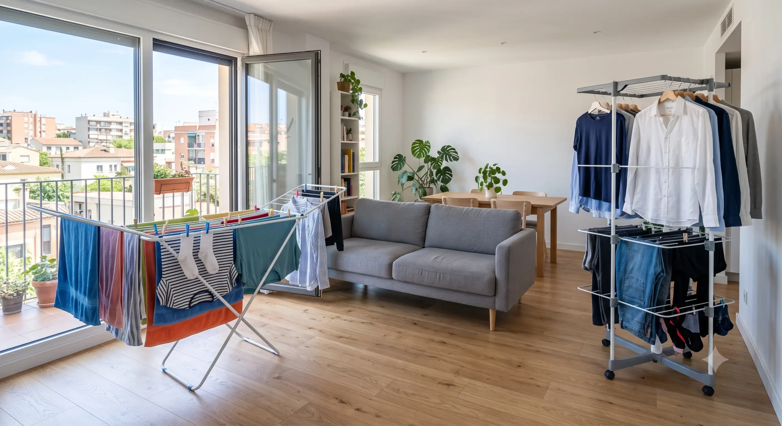 Tendedero plegable clásico y torre vertical para secar ropa en interior